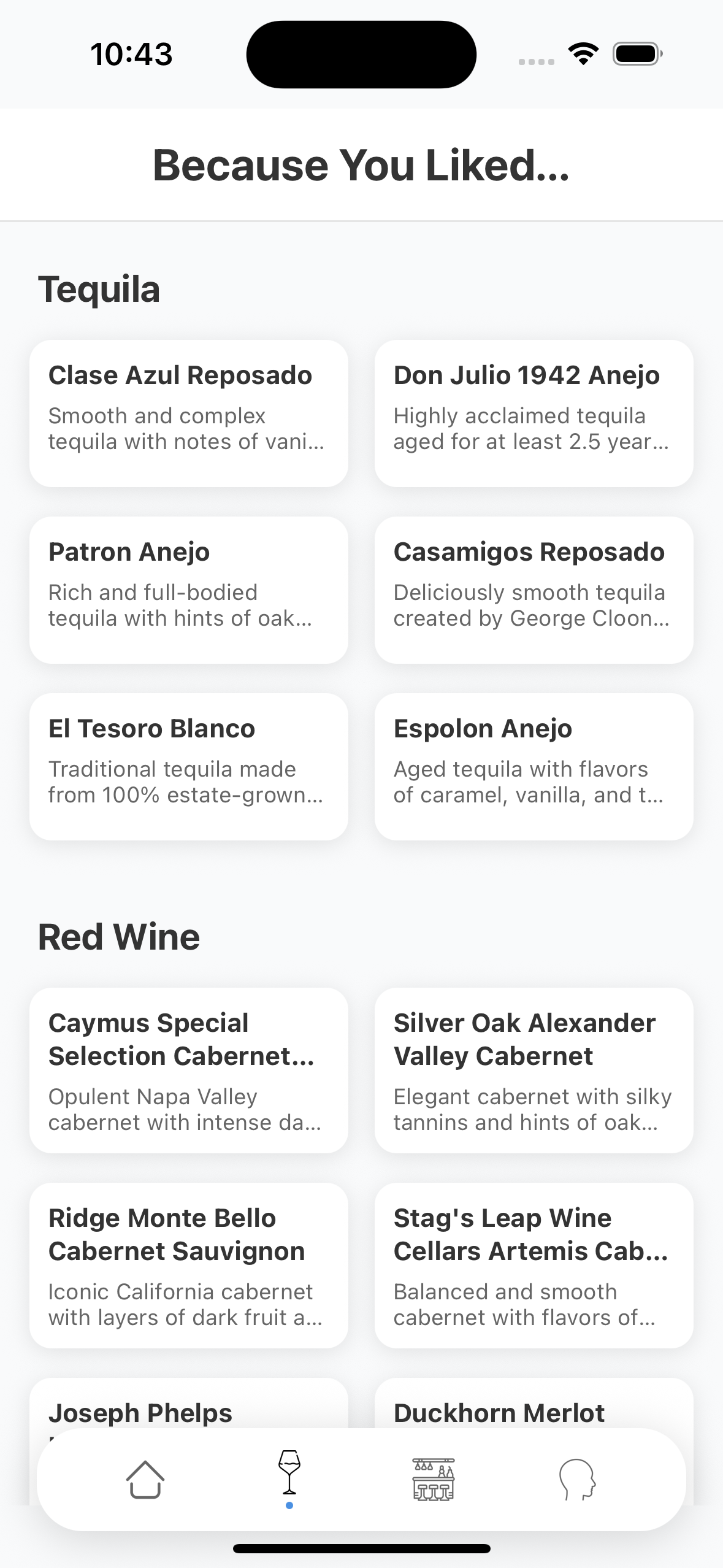 Booze Tracker recommendations screen